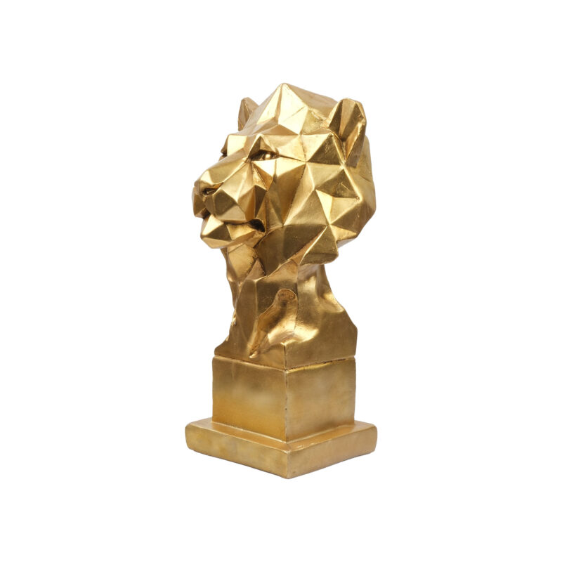 Gold renkli geometrik aslan figürlü dekoratif biblo, salon, ofis, masa, konsol ve vitrin dekorasyonu için şık hediyelik eşya.