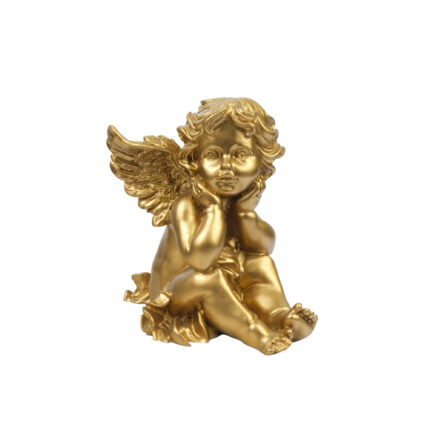 Gold renkli oturan kanatlı çocuk melek figürlü dekoratif biblo, salon, masa, konsol, kitaplık ve vitrin dekorasyonu için hediyelik eşya.