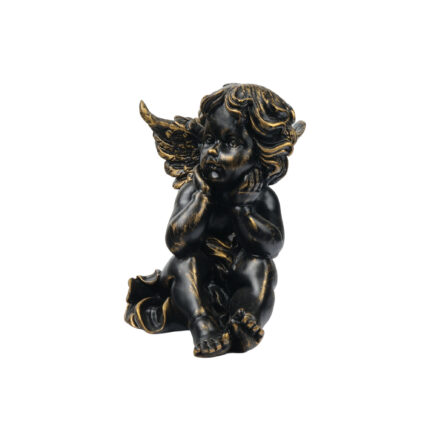 Siyah ve gold detaylı oturan melek figürlü dekoratif biblo, salon, masa, konsol, kitaplık ve vitrin dekorasyonu için hediyelik eşya.