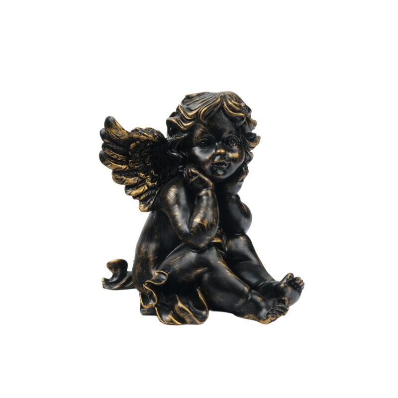 Siyah ve gold detaylı oturan melek figürlü dekoratif biblo, salon, masa, konsol, kitaplık ve vitrin dekorasyonu için hediyelik eşya.