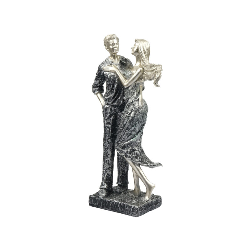 Gümüş ve siyah eskitme görünümlü romantik çift figürlü dekoratif biblo, salon, masa, konsol ve vitrin dekorasyonu için hediyelik eşya.