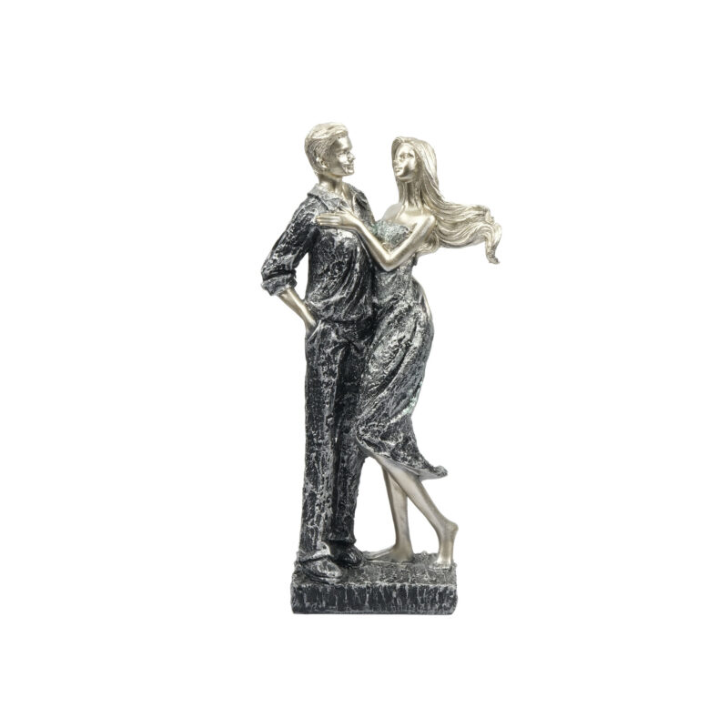 Gümüş ve siyah eskitme görünümlü romantik çift figürlü dekoratif biblo, salon, masa, konsol ve vitrin dekorasyonu için hediyelik eşya.