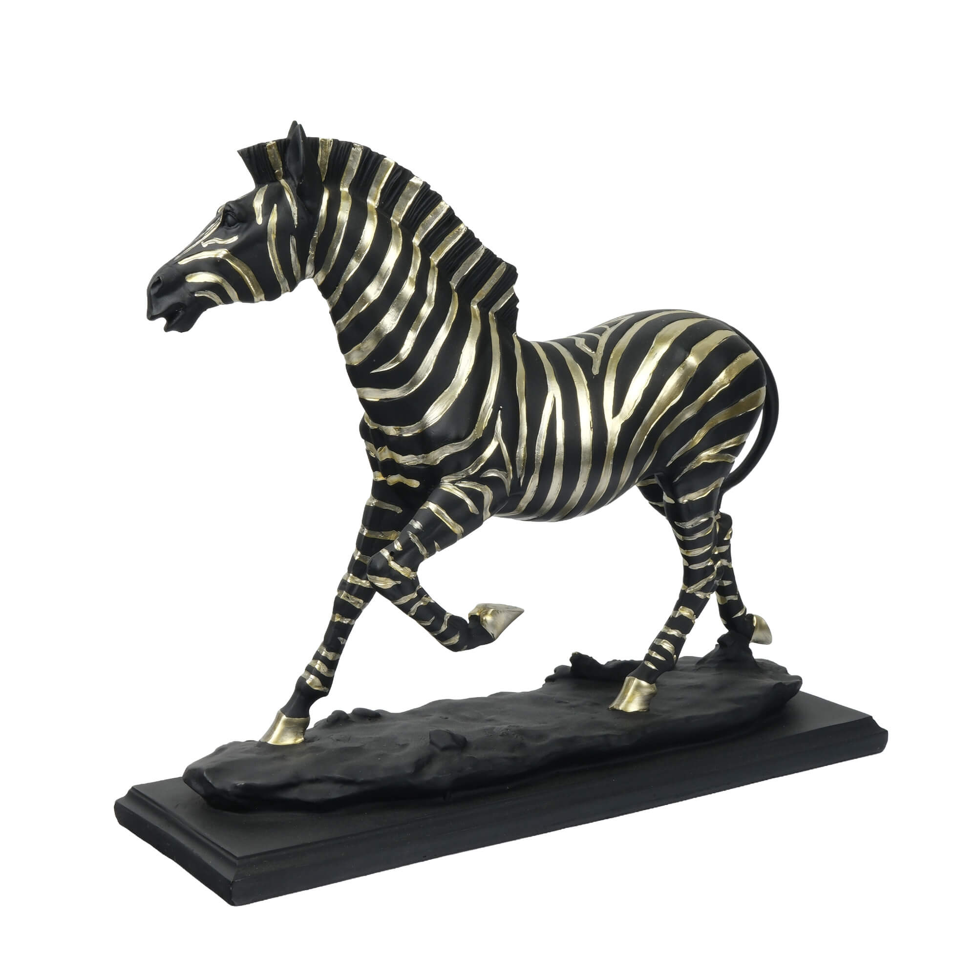 ates-premium-siyah-ve-altin-sarisi-cizgili-kosan-zebra-figuru-modeli-dekoratif-hayvan-heykeli-ve-ev-aksesuari-masaustu-hediyelik-esya-cesitleri (1) Siyah zemin üzerine altın sarısı çizgilerle tasarlanmış, hareketli koşu pozisyonunda kaide üzerinde duran zarif zebra heykeli dekoratif figür modeli.