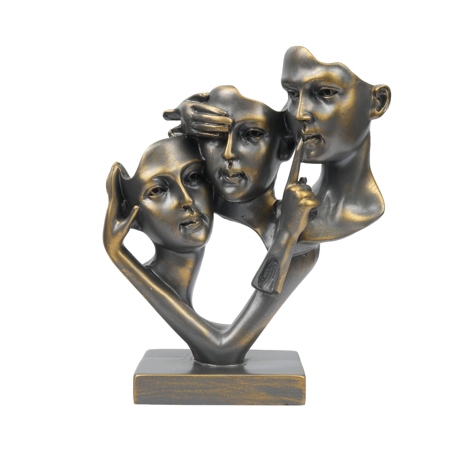 ates-premium-uc-maymun-dekoratif-biblo-gorme-duyma-konusma-figur-soyut-insan-yuzleri-modern-dekorasyon-hediyelik-esya (1) Görmedim, duymadım, bilmiyorum temasını soyut insan figürleriyle yorumlayan üç maymun konseptli dekoratif biblo ve modern dekoratif obje.
