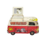 Vintage hippi minibüs tasarımlı, açılır fotoğraf çerçevesi, tavan bagajı, grafiti desenleri ve eskitme detaylarına sahip dekoratif metal minibüs maketi, masa, konsol, raf ve vitrin dekorasyonu için hediyelik eşya.