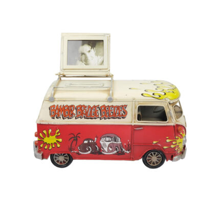 Vintage hippi minibüs tasarımlı, açılır fotoğraf çerçevesi, tavan bagajı, grafiti desenleri ve eskitme detaylarına sahip dekoratif metal minibüs maketi, masa, konsol, raf ve vitrin dekorasyonu için hediyelik eşya.