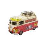Vintage hippi minibüs tasarımlı, açılır fotoğraf çerçevesi, tavan bagajı, grafiti desenleri ve eskitme detaylarına sahip dekoratif metal minibüs maketi, masa, konsol, raf ve vitrin dekorasyonu için hediyelik eşya.