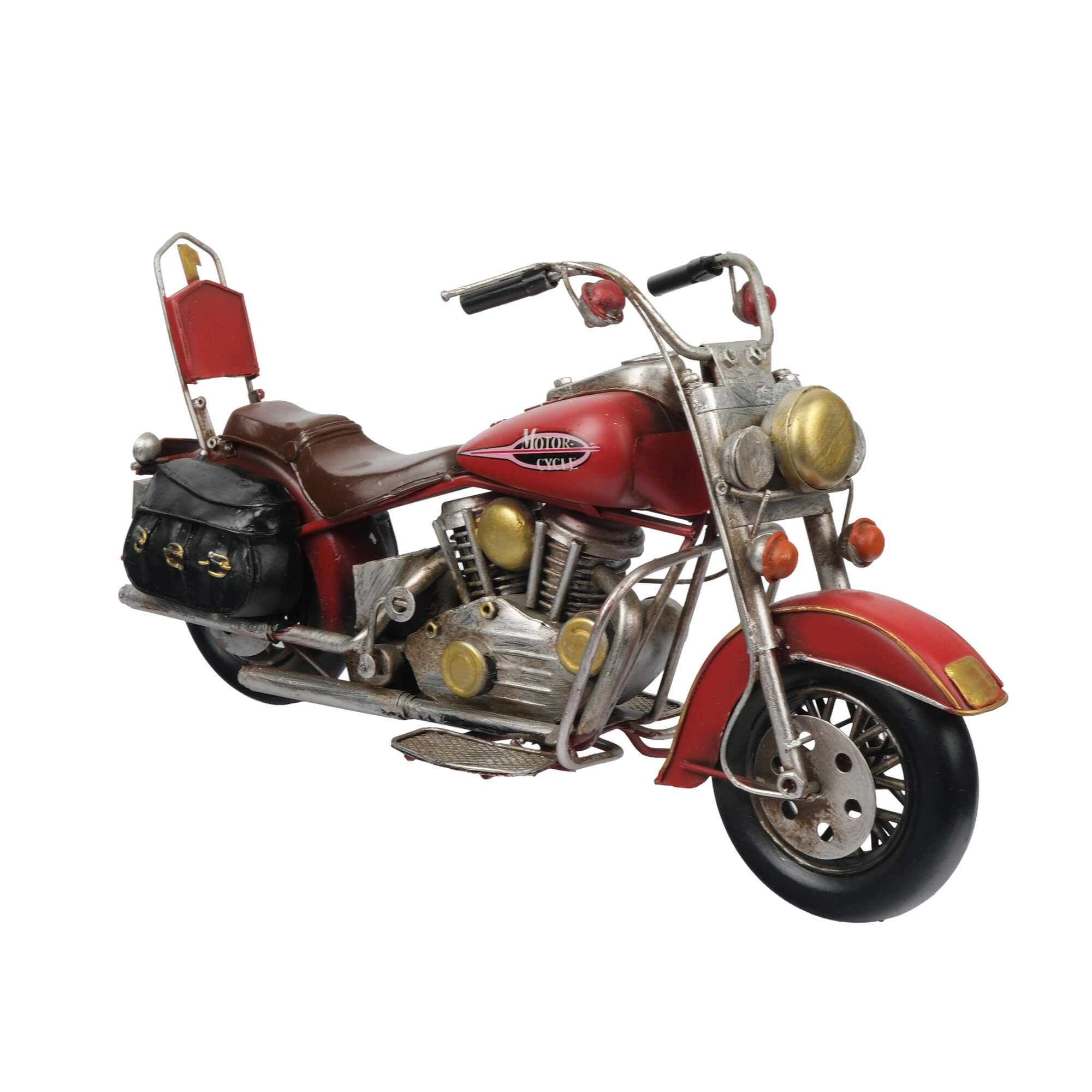 ates-premium-vintage-kirmizi-klasik-motosiklet-metal-maket-retro-motor-dekoratif-hediyelik-esya (1) Kırmızı gövdeli, kahverengi seleli, siyah yan çantalı ve metalik detaylara sahip klasik motosiklet formunda dekoratif metal maket.