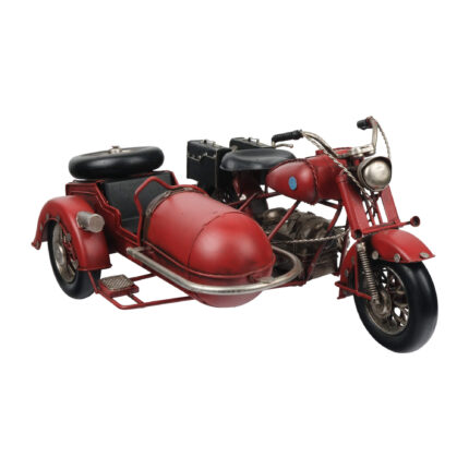 Kırmızı renkli, yan sepetli klasik motosiklet tasarımına sahip eskitme görünümlü dekoratif metal motosiklet maketi.