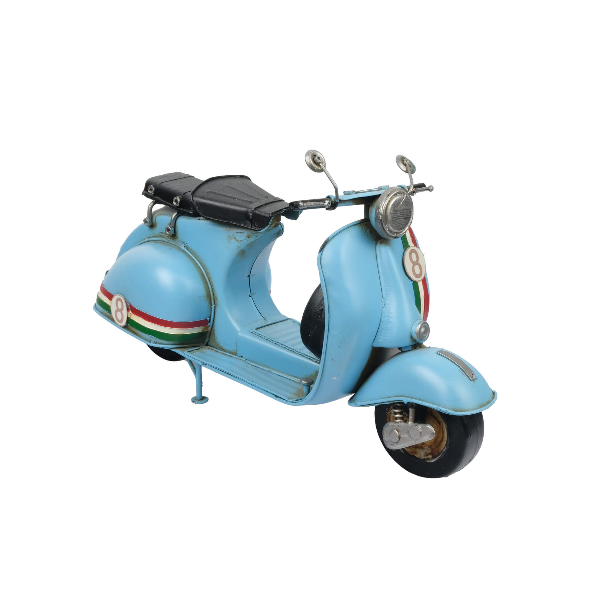 ates-premium-vintage-mavi-scooter-metal-maket-8-numarali-dekoratif-motosiklet (1) Mavi gövdeli, siyah seleli, 8 numara ve kırmızı beyaz yeşil şerit detaylarına sahip vintage dekoratif metal scooter maketi.