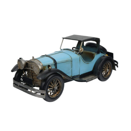Vintage roadster klasik otomobil tasarımlı, açık kabin, siyah tavan, yuvarlak farlar, tel kollu jantlar ve eskitme detaylarına sahip dekoratif metal araç maketi, masa, konsol ve vitrin dekorasyonu için hediyelik eşya.