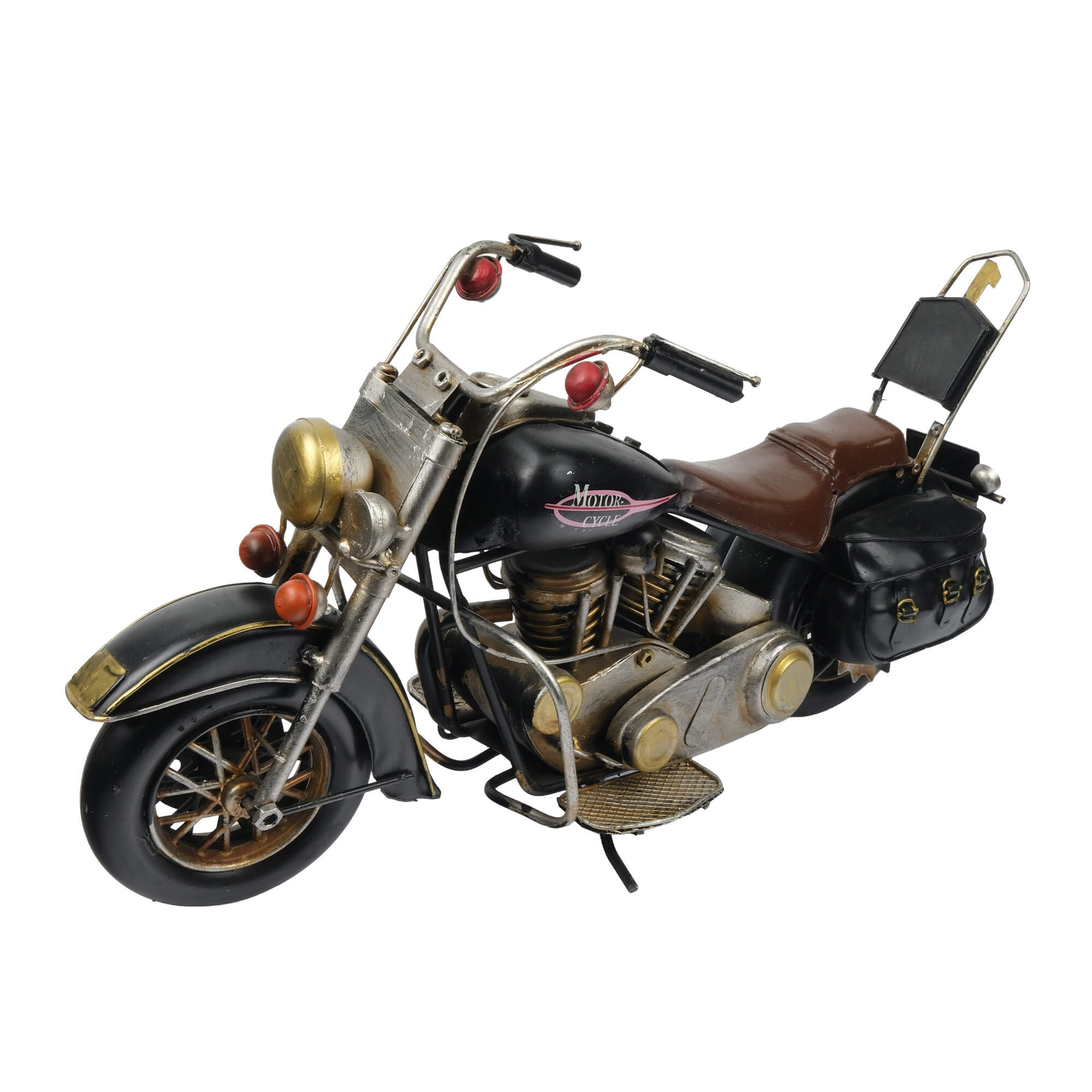 ates-premium-vintage-siyah-klasik-motosiklet-metal-maket-retro-motor-dekoratif-hediyelik-esya (1) Siyah gövdeli, kahverengi seleli ve metalik detaylara sahip klasik motosiklet formunda dekoratif metal motosiklet maketi.