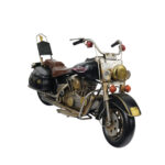 Siyah gövdeli, kahverengi seleli ve metalik detaylara sahip klasik motosiklet formunda dekoratif metal motosiklet maketi.