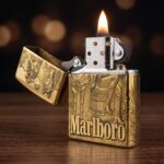 Orijinal Zippo Classic çakmak, Marlboro temalı 360° gold renk yüzeye sahip dikkat çekici ve koleksiyonluk Zippo modeli – Ateş Premium.