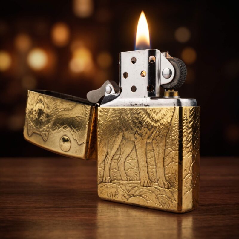 Orijinal Zippo Classic çakmak, Wolf Design 360° yüzey uygulaması ve kurt desenli görünümüyle öne çıkan şık Zippo modeli – Ateş Premium.