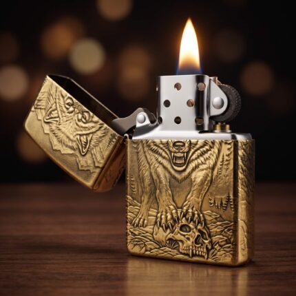 Orijinal Zippo Classic çakmak, Wolf Design 360° yüzey uygulaması ve kurt desenli görünümüyle öne çıkan şık Zippo modeli – Ateş Premium.