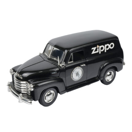 Zippo logolu siyah GMC klasik panel van metal model araba, açılabilir kapı ve kaput detaylı koleksiyonluk dekoratif araç.