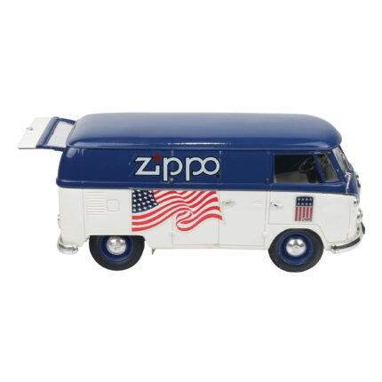 Zippo logolu mavi beyaz Volkswagen T1 klasik panel van metal model araba, Amerikan bayrağı detaylı koleksiyonluk dekoratif araç.
