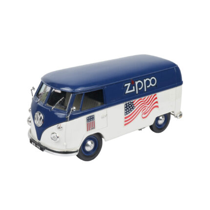 Zippo logolu mavi beyaz Volkswagen T1 klasik panel van metal model araba, Amerikan bayrağı detaylı koleksiyonluk dekoratif araç.