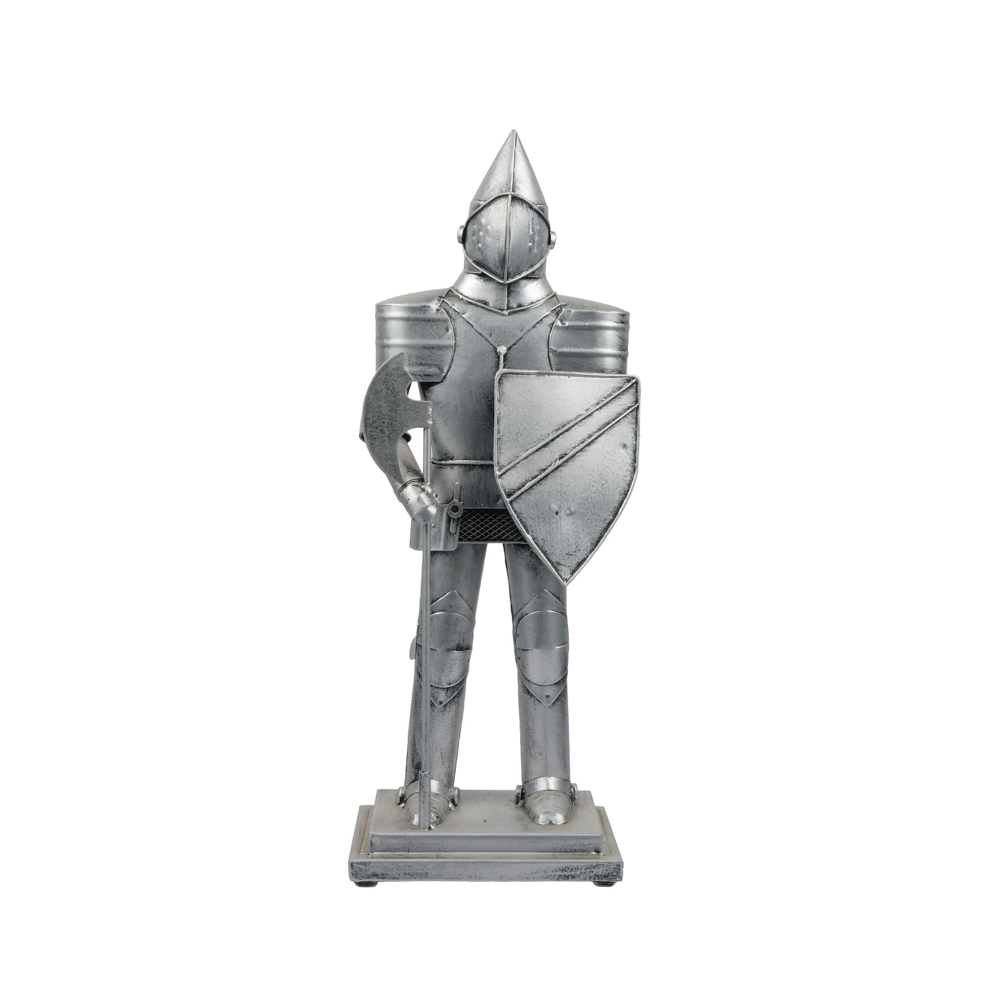 dekoratif-zirhli-sovalye-figur-gumus-renk-hediyelik-esya-ates-premium (1) Dekoratif zırhlı şövalye figür, gümüş renkli gövdesi ve kalkan-balta detaylarıyla Ateş Premium.