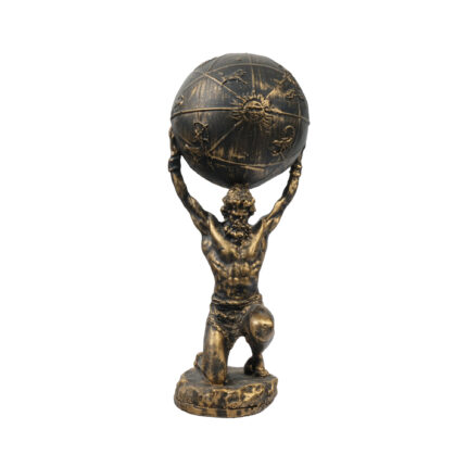 Dünyayı taşıyan Atlas figürlü bronz renk dekoratif biblo, dünya küresi detaylı mitolojik hediyelik eşya ve dekorasyon objesi.