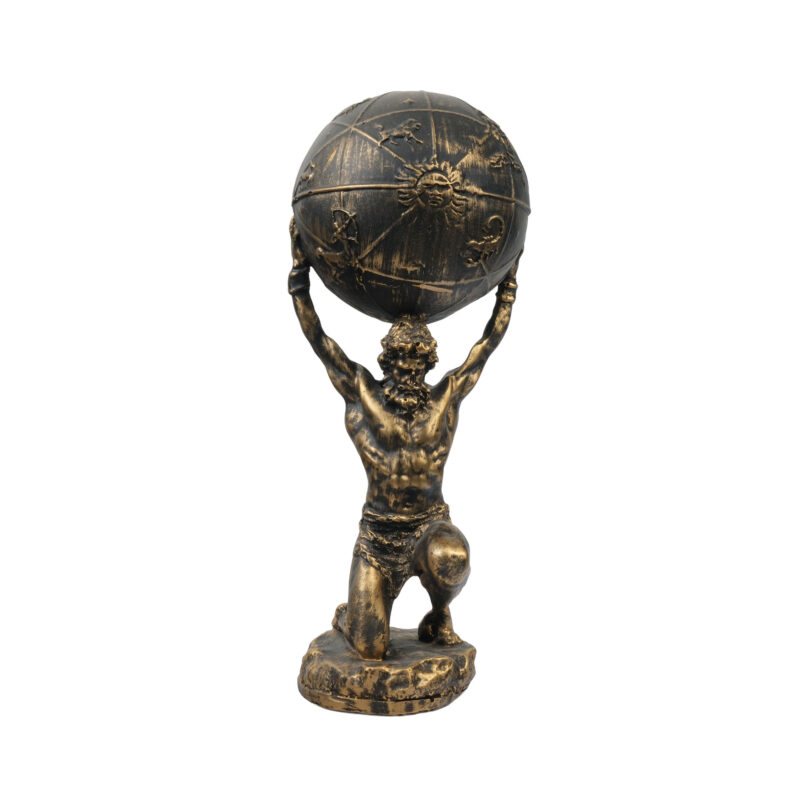 Dünyayı taşıyan Atlas figürlü bronz renk dekoratif biblo, dünya küresi detaylı mitolojik hediyelik eşya ve dekorasyon objesi.