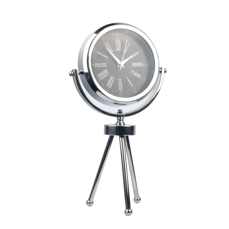 Tripod ayaklı dekoratif masa saati, siyah kadranı ve Roma rakamlı tasarımıyla Ateş Premium.