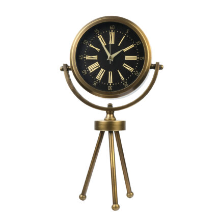 Tripod ayaklı dekoratif masa saati, siyah kadranı ve Roma rakamlı tasarımıyla Ateş Premium.