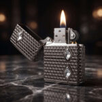 Orijinal Zippo Luxury Armor çakmak, koyu silver metalik gövdesi, geometrik kabartmalı yüzeyi ve üç adet diamond görünümlü taş detayıyla öne çıkan premium koleksiyonluk Zippo çakmak modeli – Ateş Premium.