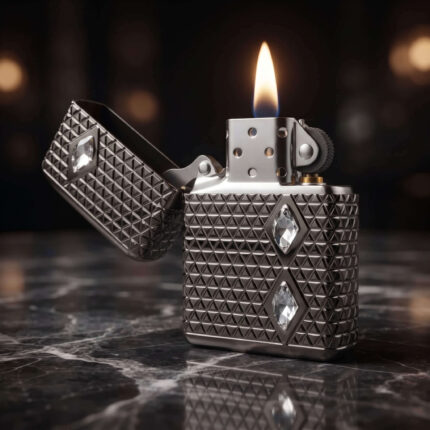 Orijinal Zippo Luxury Armor çakmak, koyu silver metalik gövdesi, geometrik kabartmalı yüzeyi ve üç adet diamond görünümlü taş detayıyla öne çıkan premium koleksiyonluk Zippo çakmak modeli – Ateş Premium.