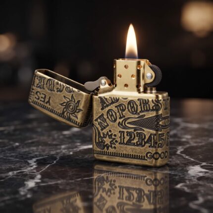 Orijinal Zippo Armor çakmak, antique brass görünümü, harf ve rakam motifleri ile 360 derece çoklu işleme detaylarıyla öne çıkan kalın gövdeli premium Zippo çakmak modeli – Ateş Premium.