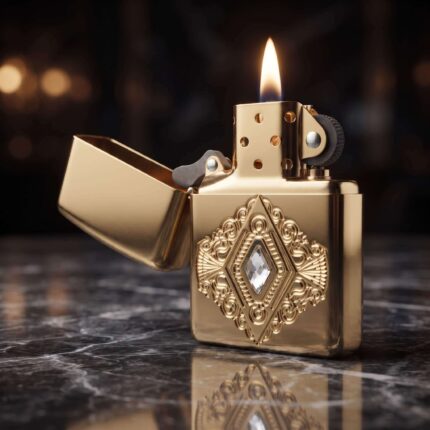 Orijinal Zippo Armor çakmak, altın tonlu parlak gövdesi ve diamond design taş detaylı özel tasarımıyla öne çıkan kalın gövdeli premium Zippo çakmak modeli – Ateş Premium Armor Zippo koleksiyonu.