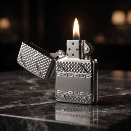 Orijinal Zippo Armor çakmak, parlak gümüş tonlu gövdesi ve Diamond Plate Design kabartmalı desenleriyle öne çıkan kalın gövdeli premium Zippo çakmak modeli – Ateş Premium Armor Zippo koleksiyonu.