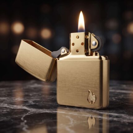 Orijinal Zippo Armor çakmak, eskitme pirinç tonlu gövdesi ve alev simgeli sade tasarımıyla öne çıkan kalın gövdeli premium Zippo çakmak modeli – Ateş Premium Armor Zippo koleksiyonu.