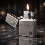 Orijinal Zippo Armor çakmak, mat gümüş tonlu gövdesi ve alev simgeli sade tasarımıyla öne çıkan kalın gövdeli premium Zippo çakmak modeli – Ateş Premium Armor Zippo koleksiyonu.
