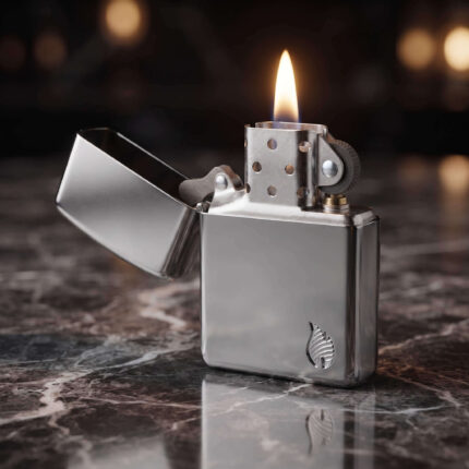 Orijinal Zippo Armor çakmak, parlak silver chrome gövdesi ve köşedeki flame amblem detayıyla öne çıkan kalın gövdeli premium Zippo çakmak modeli – Ateş Premium Armor Zippo koleksiyonu.