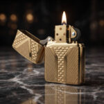 Orijinal Zippo Armor çakmak, altın renkli parlak kaplamalı geometrik desenli kalın gövdeli premium Zippo çakmak modeli – Ateş Premium Armor Zippo koleksiyonu.