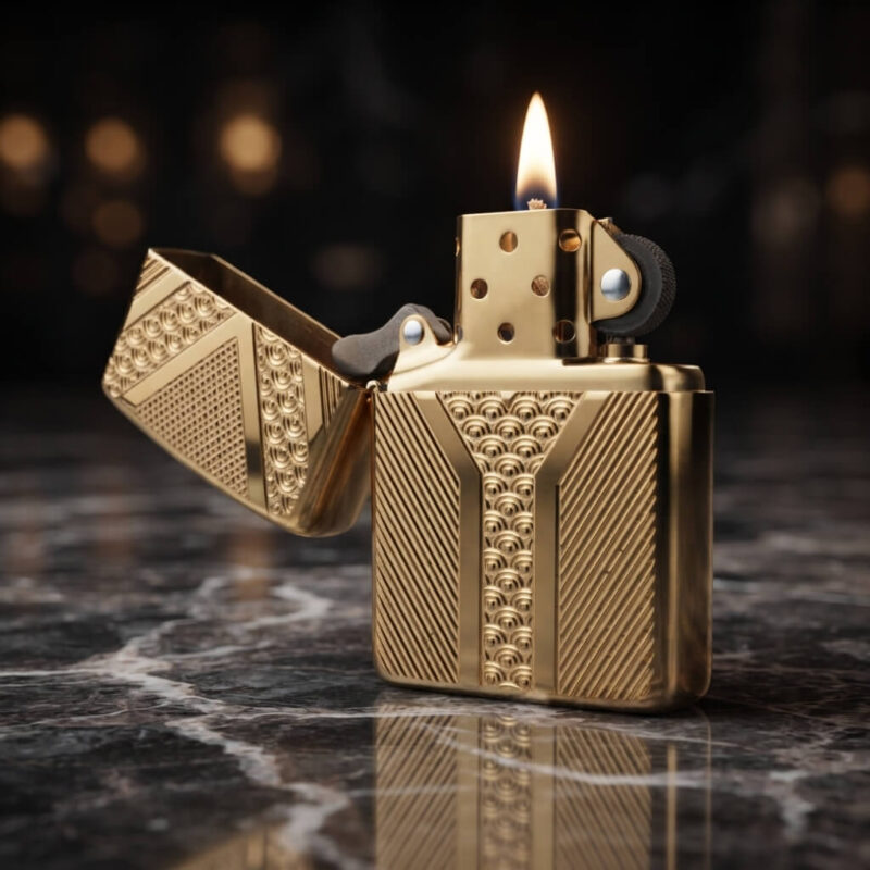 Orijinal Zippo Armor çakmak, altın renkli parlak kaplamalı geometrik desenli kalın gövdeli premium Zippo çakmak modeli – Ateş Premium Armor Zippo koleksiyonu.
