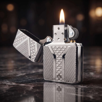 Orijinal Zippo Armor çakmak, parlak silver tonlu gövdesi ve Geometric Y Design kabartmalı desenleriyle öne çıkan kalın gövdeli premium Zippo çakmak modeli – Ateş Premium Armor Zippo koleksiyonu.