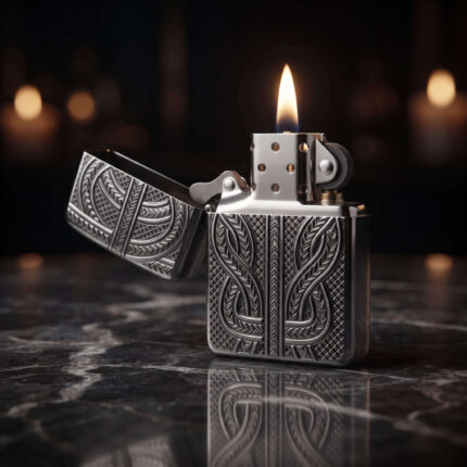 Orijinal Zippo Armor çakmak, parlak gümüş tonlu gövdesi ve Greek Pattern kabartmalı geometrik desenleriyle öne çıkan kalın gövdeli premium Zippo çakmak modeli – Ateş Premium Armor Zippo koleksiyonu.