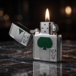 Orijinal Zippo Armor çakmak, parlak silver gövdesi, yeşil maça figürü ve iskambil kartı temalı kabartmalı detaylarıyla öne çıkan kalın gövdeli premium Zippo çakmak modeli – Ateş Premium.
