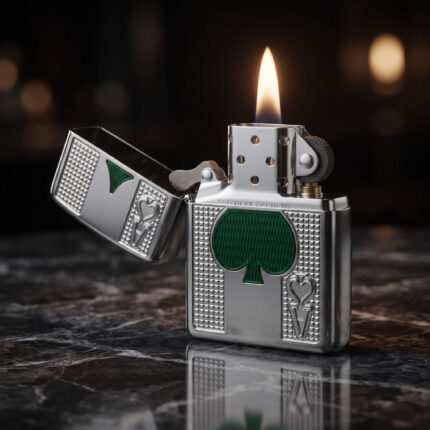 Orijinal Zippo Armor çakmak, parlak silver gövdesi, yeşil maça figürü ve iskambil kartı temalı kabartmalı detaylarıyla öne çıkan kalın gövdeli premium Zippo çakmak modeli – Ateş Premium.