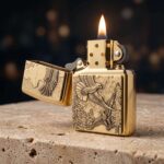 Orijinal Zippo Plakalı çakmak, gold gövdesi, kartal ve doğa temalı kabartmalı plaka tasarımıyla öne çıkan koleksiyonluk premium Zippo çakmak modeli – Ateş Premium.