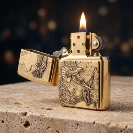 Orijinal Zippo Plakalı çakmak, gold gövdesi, kartal ve doğa temalı kabartmalı plaka tasarımıyla öne çıkan koleksiyonluk premium Zippo çakmak modeli – Ateş Premium.