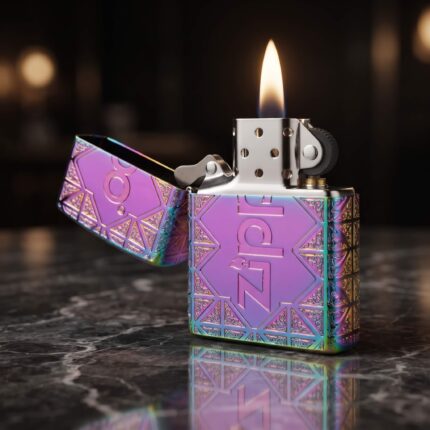 Orijinal Zippo Armor çakmak, iridescent rainbow kaplaması, geometrik desenleri ve büyük Zippo logo detayıyla öne çıkan kalın gövdeli premium Zippo çakmak modeli – Ateş Premium.