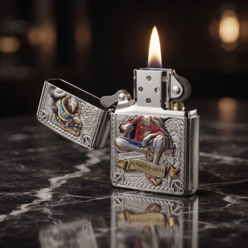 Orijinal Zippo Armor çakmak, silver gövdesi, Monkey D. Luffy karakter figürü ve renkli kabartmalı anime temasıyla öne çıkan kalın gövdeli premium Zippo çakmak modeli – Ateş Premium.