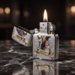 Orijinal Zippo Armor çakmak, silver gövdesi, Nico Robin karakter figürü ve renkli kabartmalı anime temasıyla öne çıkan kalın gövdeli premium Zippo çakmak modeli – Ateş Premium.