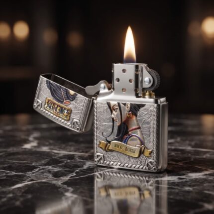 Orijinal Zippo Armor çakmak, silver gövdesi, Nico Robin karakter figürü ve renkli kabartmalı anime temasıyla öne çıkan kalın gövdeli premium Zippo çakmak modeli – Ateş Premium.