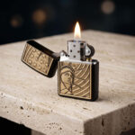 Orijinal Zippo plakalı çakmak, siyah gövdesi, gold tonlu Özgürlük Heykeli plakası ve Amerikan yıldız detaylarıyla öne çıkan koleksiyonluk premium Zippo çakmak modeli – Ateş Premium.