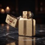 Orijinal Zippo Armor çakmak, altın tonlu gövdesi, kılıç temalı kabartmalı tasarımı ve kırmızı taş detaylı görünümüyle öne çıkan kalın gövdeli premium Zippo çakmak modeli – Ateş Premium Armor Zippo koleksiyonu.